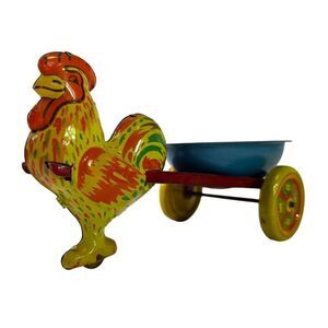 1950s Wyandotte Tin Litho Rooster Chicken Pulling Oval Egg Cart Vintage Toy